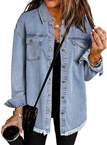 Roskiky Veste surdimensionnée boutonnée pour femme - Ourlet rayé - Manches longues - Poches - Denim - Veste en jean, Mille océans bleus, XL