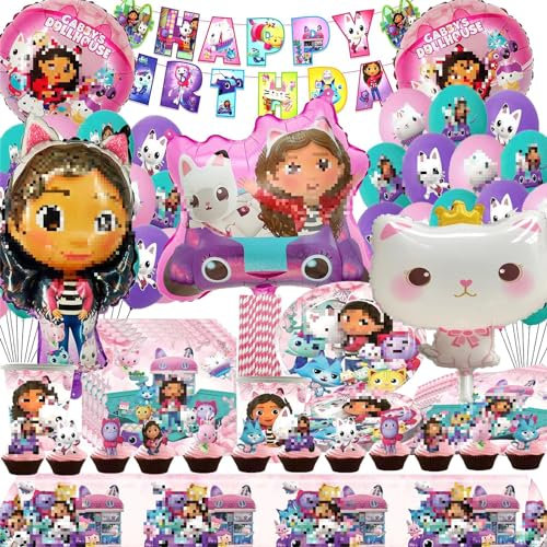 101 PCS Decoration Anniversaire Baby Chat, Vaisselle de Fête D'anniversaire de Dessin Animé Chat, Deco Anniversaire,Decoration Anniversaire Fille,Fête Assiettes Gobelets Serviettes Nappe Pailles