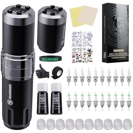 Dragonhawk Tattoo Maschine Set Wireless Tattoo Maschine Pen Rotary tätowiermaschine with 2pcs Batterie Adjustable Stroke Length Tattoo Gun 20 Count Tattoo nadeln Cartridges für Tattoo Anfänger 1