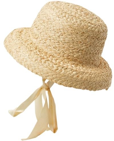 Chapeau de pour Tout-Petit, Chapeau de Paille pour Tout-Petit avec Bracelet de Menton Raffia Grass-Toddler Sun Sun Woven Sweet Baby Girls Chapeaux Wide Brim Washiable Breathable A réglable Sum