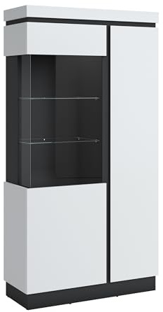möbelando Glasvitrine >Campania< 2 Türen, 5 Böden, Alpinweiß/Anthrazit Dekor - 104x200x40cm (BxHxT)