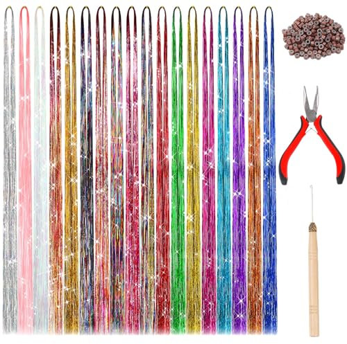JANYUN 47 Zoll funkelnde Haarverlängerung, Lametta mit Werkzeug, 3600 Strähnen, 18 Farben, Glitzer-Haarverlängerungen für Frauen als Haar-Accessoires für Weihnachten, Neujahr, Halloween, Cosplay-Party