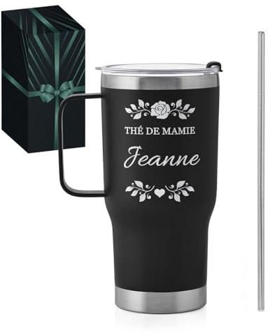 Maverton Mug Isotherme Cafe 600 ml - Gobelet avec paille et couvercle Noir en Acier Inoxydable - Garde Chaud 6h / Froid 10h - Cadeau Personnalisé pour Grand-Mère - Cadeau Mamie mémé