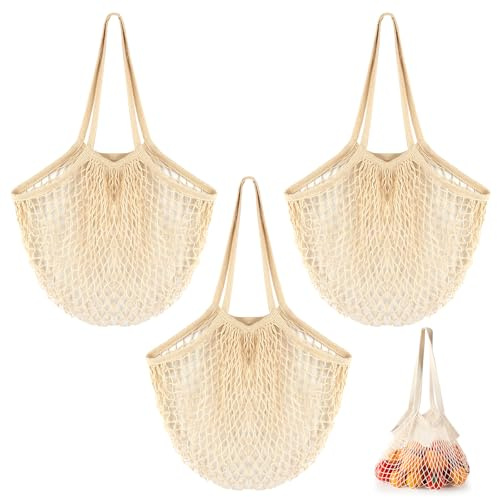 3 Stück Einkaufsnetz, Baumwollseil, mit Langem Griff, 35 x 35cm, für Gemüse | Einkaufstasche Netz, Biologisch Abbaubar, Wiederverwendbare, Leicht, Tragbar, Waschbare, für Obst, Sandspielzeug, Kleidung
