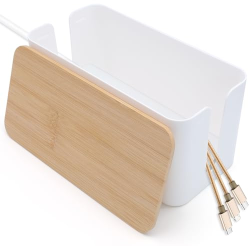 Cable Tidy Box White Cable Box with Bamboo Lid Cable Organiser Cable Management Box for Hiding Cables and Plugs