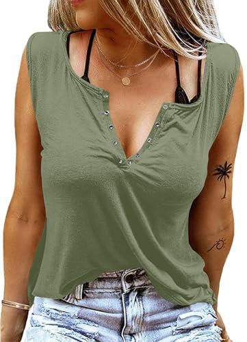 WNEEDU Top Senza Maniche da Donna Scollo a V Sexy Canotta Maglietta Tops Estive Elegante Tank Shirt Basic Casual Camicette Blusa Verde Oliva 2XL