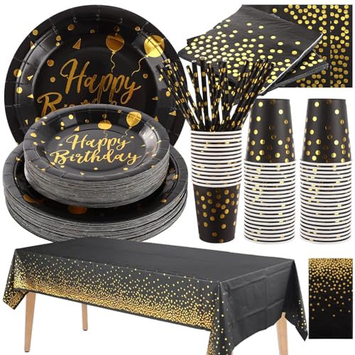 YOUNTHYE 252Pcs Black and Gold Birthday Party Supplies, 7inch + 9inch Black and Gold Paper Plates, Napkins, Straws, Paper Cups, Table Cloth, Party Tableware Set Serves 50 Guest