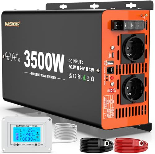 JARXIOKE 3500W Convertisseur 12V 220V Pur Sinus Inverter Onduleur Transformateur avec Télécommande LCD&2 Prises UE&Port USB-A&Port Type-C(36w) pour Voiture,Caravane,Camping,Les Systèmes Solaires