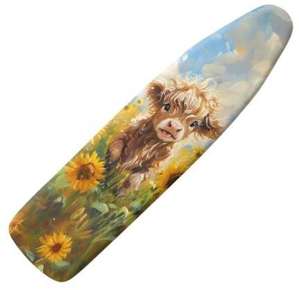 ZIATUBLES Sunflower Highland Cow Print Polyester Ironing Board Cover with Hook and Loop Fastener Straps Iron Padding Covers Home Accessories Heat Ressiatant for Laundry Clothing Shop, XL
