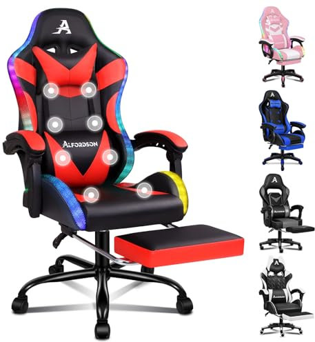 ALFORDSON Sedia da gioco da massaggio con LED, inclinazione di 150°, Sedia ergonomica con poggiapiedi, regolabile in altezza, capacità di carico 180 kg, Ecopelle, Rosso