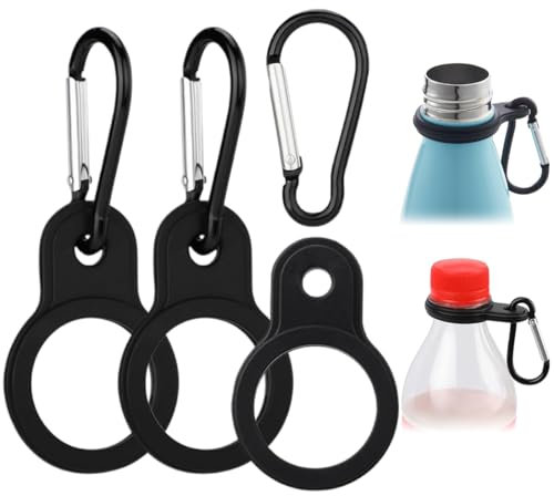 MIRKUZI 3 Pack Water Bottle Caps, Silicone Carabiner Bottle Holder, Keychain Bottle Holder Clip Hook for Camping, Hiking and Outdoor Activities (Black)