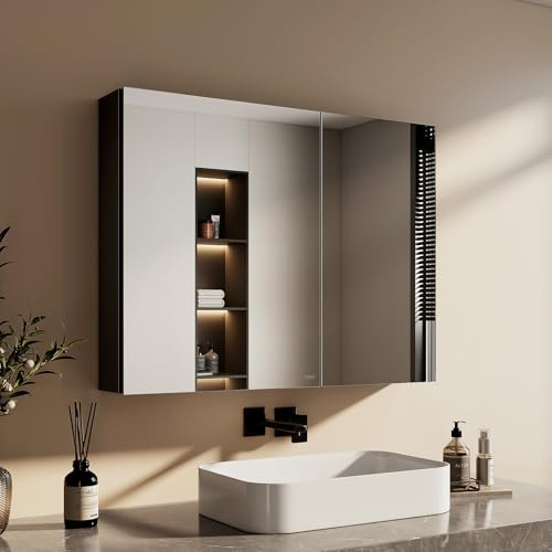 EMKE Spiegelschrank Badschrank 85 x 65 x 14,5 cm, Innenspiegel, schwarzer | 2-türig Aluminium, höhenverstellbare Glasablage, Badspiegel mit Schrank, Badezimmer