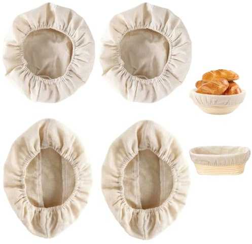 Lot de 4 paniers de levain, 25 cm, panier rond de levure, panier en rotin naturel avec toile de lin, panier de fermentation, accessoires de cuisson du pain