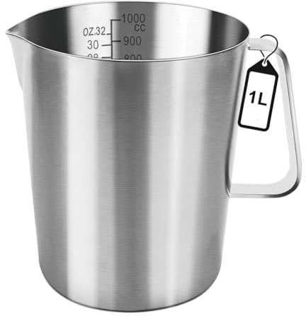 Heilanole Measuring Jug 1L Stainless Steel, Measuring Cup Metal with Handle, with Ounce and ML Scale, Dishwasher Safe, Milk Jug