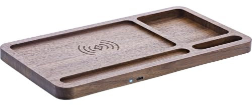 InLine® WoodCharge Organiser - Wireless Qi Charging Station Walnut Wood Desk Organiser with LED, 3 Coils, USB-C, Wireless Charger, 33392Y