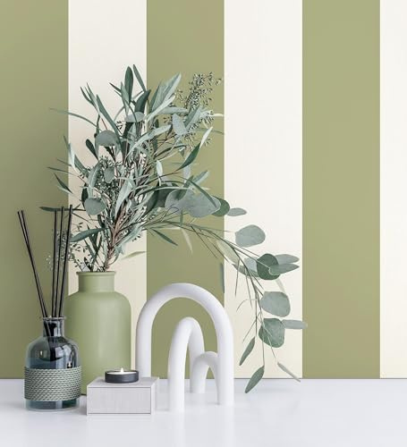 GAULAN 682919 Papier peint vinyle à larges rayures 9 cm, coloris vert kaki, texture douce pour mur salon cuisine chambre couloir meuble stanza salle - Rouleaux de 10 m x 0,52 m