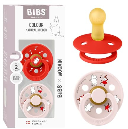 Moomin x BIBS Colour Dummy, 6-18 Months, 2-Pack, Round, Candy Apple/Petal | Round Natural Rubber Teat | Size 2 | BPA-Free | Made in Denmark | High Teat Acceptance | Airflow Holes | Comfort Shield
