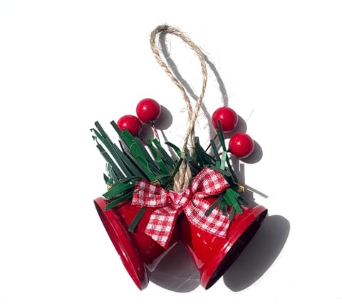 Becho Paquete de 6 adornos de campana de Navidad con decoración de bayas, lazo y hierba, decoraciones colgantes de doble campana para árbol de Navidad, corona, chimenea, manualidades (rojo)