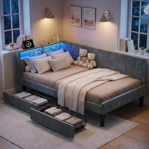 BPKADHY Polsterbett Schlafsofa 90x200 mit LED & USB-C, Jugendbett 90x200 mit Stauraum 2 Schubladen,Einzelbett Tagesbett Bettgestell mit Lattenrost, Samt Grau, Ohne Matratze (Grau-B, 90x200cm)