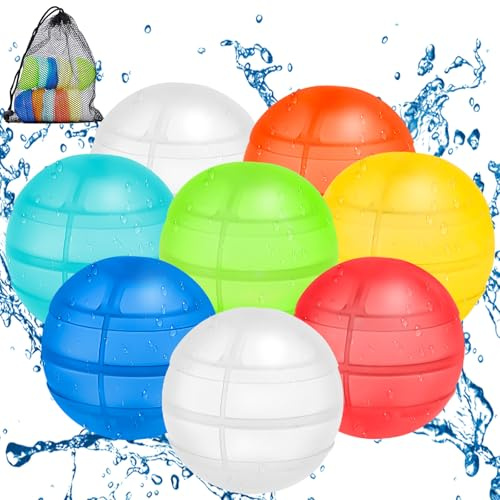 8 Stück Wiederverwendbare Wasserballons Sekunden Schnellfüller Wasserbomben Set, Alle Silikone Poolspielzeug für Sommer, Schwimmbad, Strand, Garten, im Freien