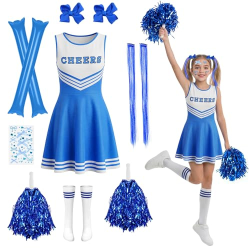 AYBUY Cheerleader Costume for Girls, Kids Cheerleader Outfit with Pom Poms, Stockings, Cheering Sticks, Girl's Cheerleading Uniform for World Book Day Halloween Carnival Party Cosplay School Events