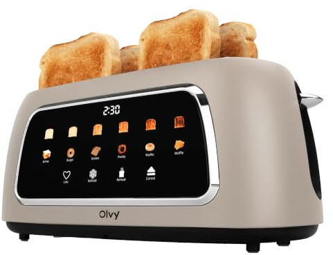 Olvy Toaster LCD-Display Timer Edles Design | 1 Stk | 4 schlitze, beige, 1500W | Kueche & fruehstueck | Krümelschublade brottoaster fuer knusprige toasts