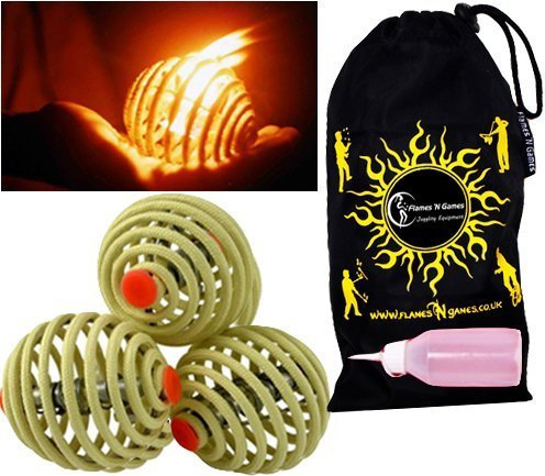 Flames N Games Juggling Ball Sets Fyrefli Lot de 3 Boules de jonglage Anti-feu 80 mm avec Bouteille de Carburant + Sac de Voyage