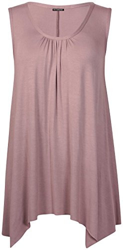 Womens Sleeveless Ladies Stretch Gathered Round Neck Uneven Hem Long Vest T-Shirt Top Mocha 16-18