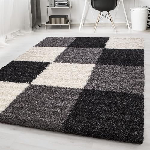 Carpetsale24 Hochflor Teppich Shaggy kariert 80x150 cm Schwarz, weich & flauschig, modernes Karo Design, rechteckig, ideal für Flur oder Kinderzimmer, stilvoll & gemütlich