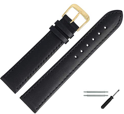 MARBURGER Uhrenarmband 12mm Leder Schwarz Gold Glatt Mit Naht - Montage Set 8071210000220