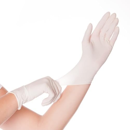 FRANZ MENSCH Top-Latex-Einweghandschuh, Premium-Latex-Untersuchungshandschuhe, gepudert, 24 cm, in weiß, 7/S, Einmal-/Einweg-Handschuhe für Chemie-, Lebensmittel- & Reinigungsindustrie