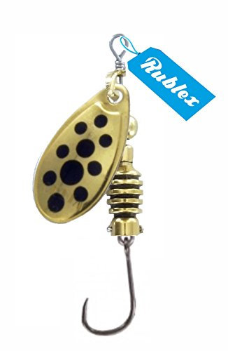 Rublex - Pack de 5 Cucharillas de Pesca Celta-2 OPN | Cebo Artificial de Pesca con Anzuelo Simple sin Muerte Fácilmente Intercambiable con Sistema Quita-Vueltas, Color Oro Puntos Negros, 3'5gr