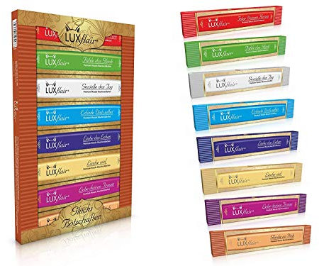 Natürliche Räucherstäbchen mit ätherischen Ölen, 8 Duftrichtungen mit Glücks-Botschaften im exklusiven Gold-Set. Echte Premium Masala Agarbatti von Luxflair