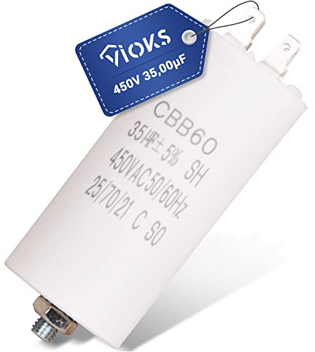 VIOKS Kondensator Motor Motorkondensator 35µF 450V Universal - Kondensator CBB60 Anlaufkondensator mit 6,3mm AMP Steckfahnen und Befestigungsschraube M8 für elektrische Hausgeräte