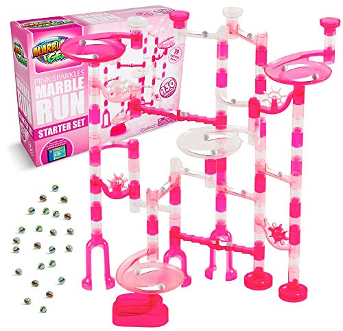 Marble Genius Murmelbahn-Starterset MINT-Spielzeug für Kinder im Alter von 4–12 Jahren – 130 komplette Teile (80 durchscheinende Marmorteile und 50 Glasmurmeln), Konstruktionsbausteinspielzeug, Pink.