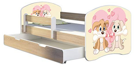 Kinderbett Jugendbett mit einer Schublade und Matratze Sonoma mit Rausfallschutz Lattenrost ACMA II 140x70 160x80 180x80 (12 Welpen, 180x80 + Bettkasten)