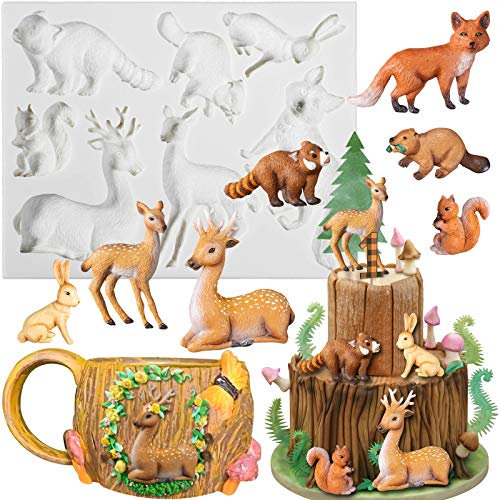 Dschungeltier Safari Silikonform Fuchs, Eichhörnchen, Waschbär, Biber, Elch, Sika Hirsch, für Kuchen, Cupcakes, Schokolade und Polymer-Ton, Form 7-2,5-8,4 cm
