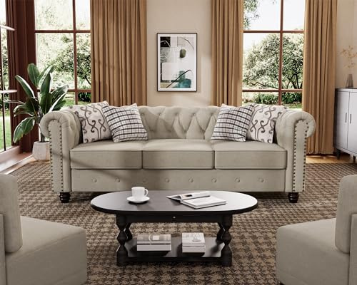 Morden Fort Classic Chesterfield Sofa Set 82'', Tufted Sofa for Couch Set with Solid Wood Legs Thick Cushion, Pet-Friendly Deep Seat Sofas Couches for Living Room Bedroom Apartment - Linen Beige