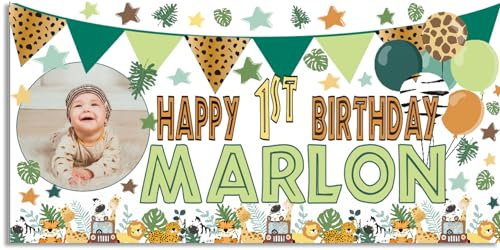 Large Personalised 4ft Safari Happy Birthday Banner with Photo for Boys or Girls Jungle Theme Backdrop Custom Name and Age Banner Wild One Birthday Decorations 1st 2nd 3rd 4th Zoo Animals Party Poster