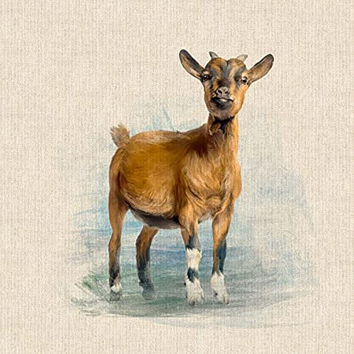 Stoff mit Aquarell-Tieren, Digitaldruck, Baumwolle, Leinenoptik, für Wimpelketten, Jalousien, Basteln, Quilten, Patchwork und Polsterung, Verkauf pro Paneel (Ziege)