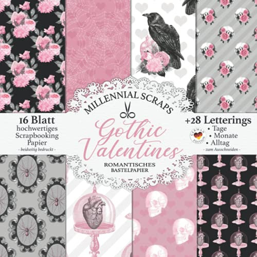 Gothic Valentines Romantisches Bastelpapier: Scrapbooking Decoupage Papier & Junk Journal Zubehör I Zum Ausschneiden I Mit Letterings I Karten & Collagen Basteln DIY I Tagebuch Deko