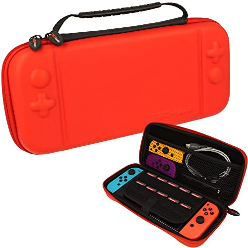TECHGEAR hülle HRD03, Switch OLED Tasche - Reise und Aufbewahrungs Tasche Kompatibel mit Nintendo Switch OLED, 10 Steckplätze für Spiel Karten + Zubehör, Harte Schutzhülle für Switch OLED [ROT]