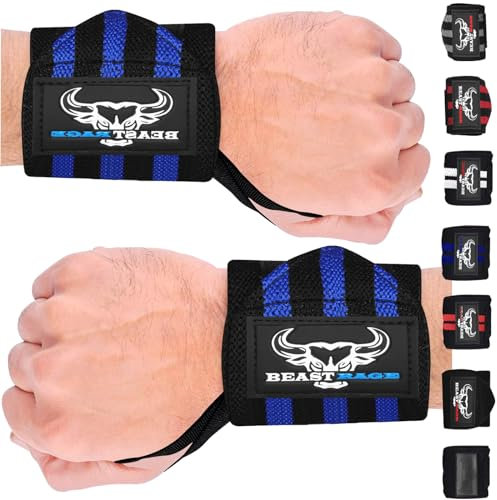 BEAST RAGE Handgelenk Bandagen (Gym Wrist Wraps) Kraftsport Handgelenkstütze Gelenkbandage Schlaufen Krafttraining Workouts Übungen (schwarz/blau)