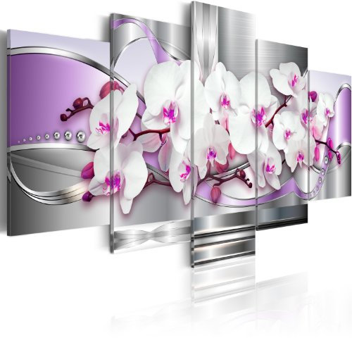 B&D XXL - Wandbilder XXL Abstrakt 150x75cm 5 tlg - Wand Deko Leinwand Bilder Groß Wanddeko Wohnzimmer Schlafzimmer Kunstdrucke - Blumen Orchidee Perlen silber violett 020110-118