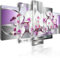 B&D XXL - Wandbilder XXL Abstrakt 150x75cm 5 tlg - Wand Deko Leinwand Bilder Groß Wanddeko Wohnzimmer Schlafzimmer Kunstdrucke - Blumen Orchidee Perlen silber violett 020110-118