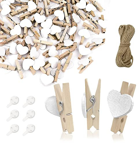 Andiker Lot de 50 Mini Pinces à Linge en Bois Naturel avec Ficelle de Jute de 10 m - Crochets à Suspendre - décoratifs pour fête de Mariage, Support Photo, décoration de Cartes et Artisanat