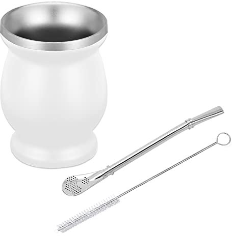 thirei Set Mate, 230ML Calabaza Mate, Tazas Yerba Mate, con Pajita y Brocha, para Cocinas, Restaurantes, Cafeterías, Blanco