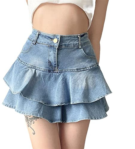 Sawmew Damen Jeansrock E-Girl Y2K Gefaltete Röcke mit Zip Tasche Minirock Rüsche High Waist Sommerrock Freizeitrock Minikleid Hemdkleid Dress Skirts Sport Skater Tennis Schule