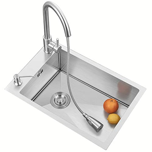Fregadero Fregadero de Cocina Tanque Individual de Acero Inoxidable Fregadero de Barra de apartamento pequeño Estrecho y Largo Paquete de Fregadero + Cesta de Drenaje + Grifo extraíble