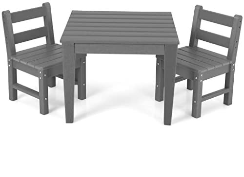 COSTWAY Kids Table and Chair Set, Waterproof Children Table with 2 Chairs, Indoor Outdoor Toddler Activity Furniture for Painting, Dining, Study, Entertainment (Grey)